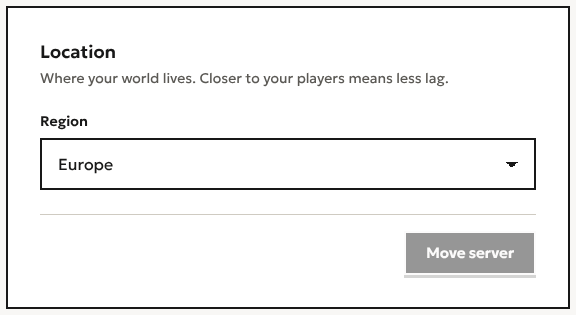 The Location card in a server’s settings: Where your world lives. Closer to your players means less lag. A Region menu set to Europe, and a Move server button.