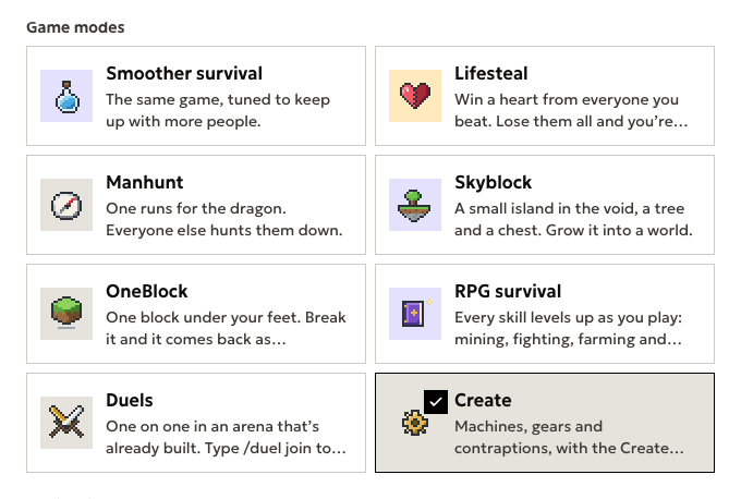 The game modes under More ways to play, with Create picked: Machines, gears and contraptions, with the Create mod ready to go.