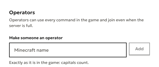 The Operators card on the Players page: Operators can use every command in the game and join even when the server is full. A Make someone an operator field and an Add button.